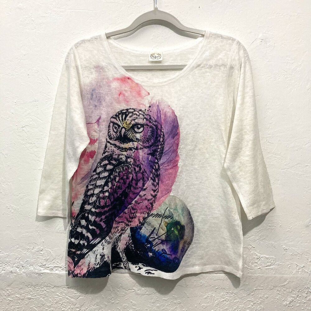 Et' Lois Women's Soft Knit Top Art Wear Owl Print 3/4 Sleeve White Lightweight S